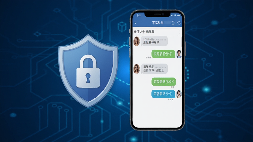 家信安全加密功能示意图,盾牌与锁图标,家庭群组聊天界面,蓝色科技感背景,手机屏幕展示,高清画质,简洁干净