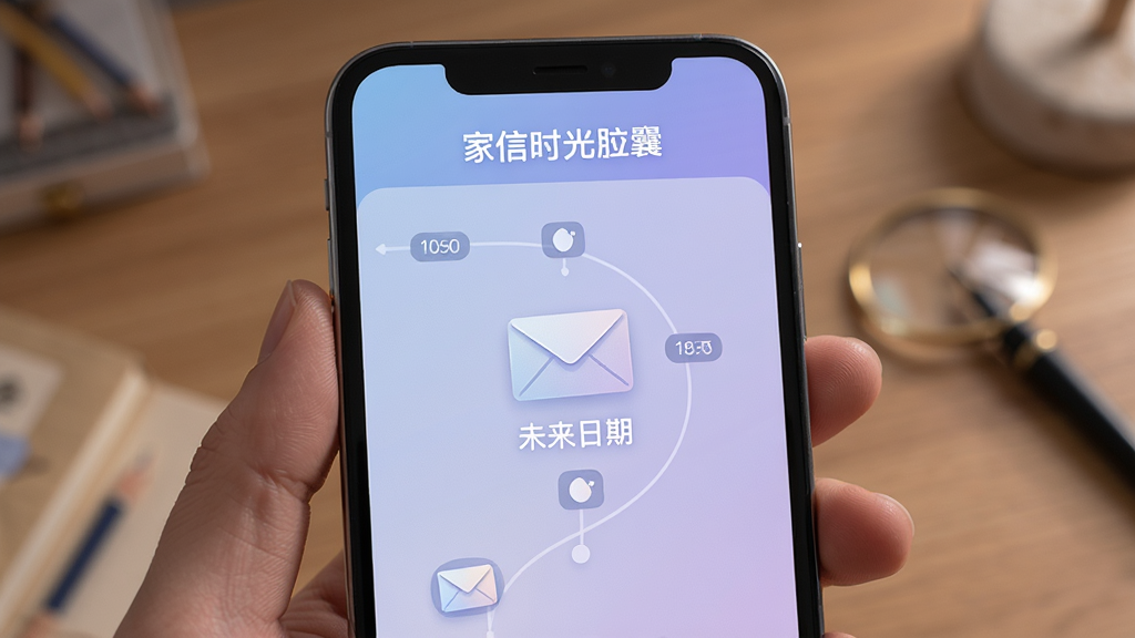 家信时光胶囊功能界面,时间轴设计,未来日期标记,信封图标,柔和蓝紫色调,手机屏幕展示,高清画质,无杂乱元素