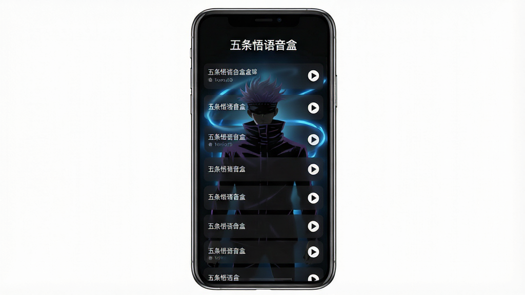 一张展示五条悟语音盒软件界面的手机预览图,画面中央是手机屏幕,屏幕内呈现深色主题的语音列表界面,顶部有