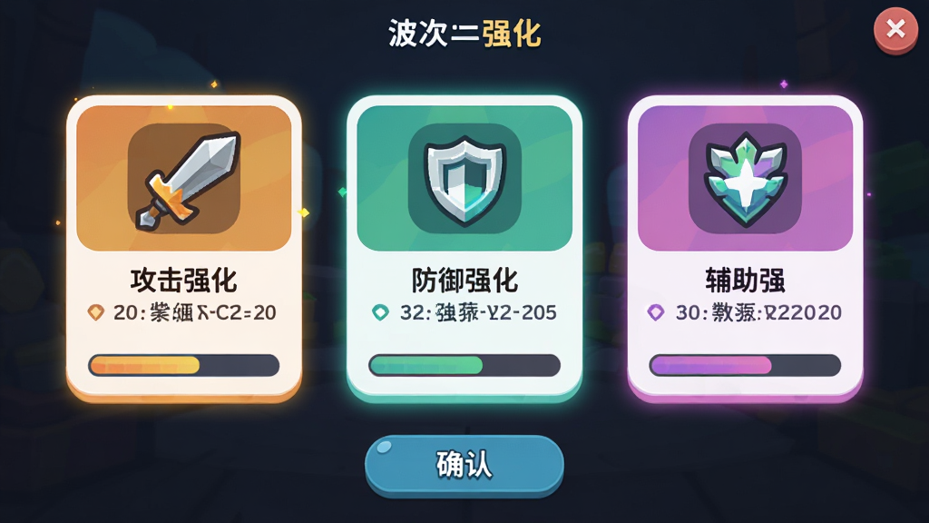 ��������Ϊ��Ϸ�ڵ���ѡһǿ�����棬����Բ�ǿ�Ƭ����չʾ��ÿ�ſ�Ƭ���в�ͬ��ͼ��������������ֱ��������ǿ��������ǿ���͸���ǿ�������ֲ��ú������о������У��Ϸ��в�����ʾ���·���ȷ�ϰ�ť�����Ϊ��ƽ����ϷUI��ƣ�ɫ��������ϸ�ڰ�����Ƭ����߿�ͼ����������������ʾ�����ʸ��壬�ɾ�������Ԫ�ء�