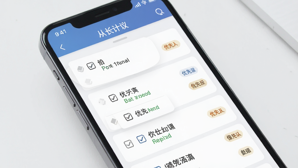 一张展示从长计议思路梳理功能的界面截图,画面中一部手机屏幕显示从长计议应用内的层级列表,列表项以卡片形式排列,带有复选框和优先级标签,背景干净简洁,整体色调柔和,风格商务实用,画质清晰,无多余装饰元素