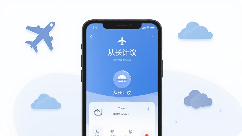 一张展示从长计议离线使用场景的插图,画面中一部手机处于飞行模式界面,屏幕仍显示从长计议应用正常运行,周围有飞机和云朵的简约图标,背景为浅色,风格扁平化,画质干净,无多余元素