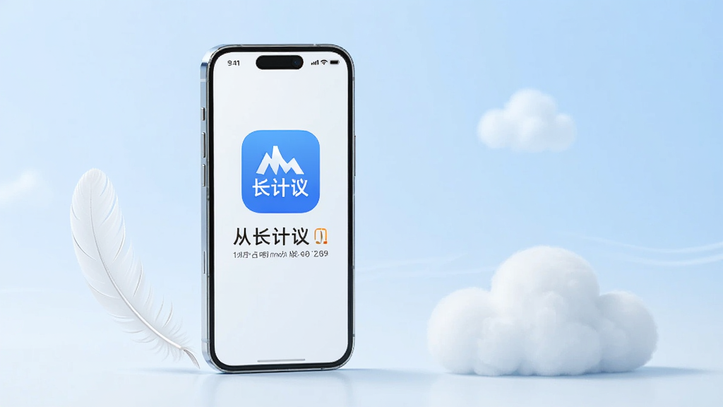 一张展示从长计议软件轻量特性的概念图,画面中一部手机旁放置羽毛和云朵元素,手机屏幕显示从长计议应用图标和存储占用极小的提示,整体风格轻盈干净,色调以白和浅蓝为主,画质清晰,无杂乱背景