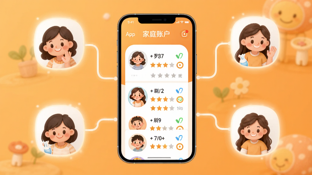 ����չʾЦ�ݼ�App�ļ�ͥ�˻����棬�ֻ���Ļ���ж����ͥ��Աͷ��͸��Ե�ˢ�����֣�����Ϊ�ֻ����У���Χ�������߽�ͷ�����ֻ�����������Ϊů��ɫ���䣬���Ϊ��ܰ��ͥ�磬ϸ�ڰ���Բ��ͷ�����͹��Σ����������ɾ����޶���Ԫ��