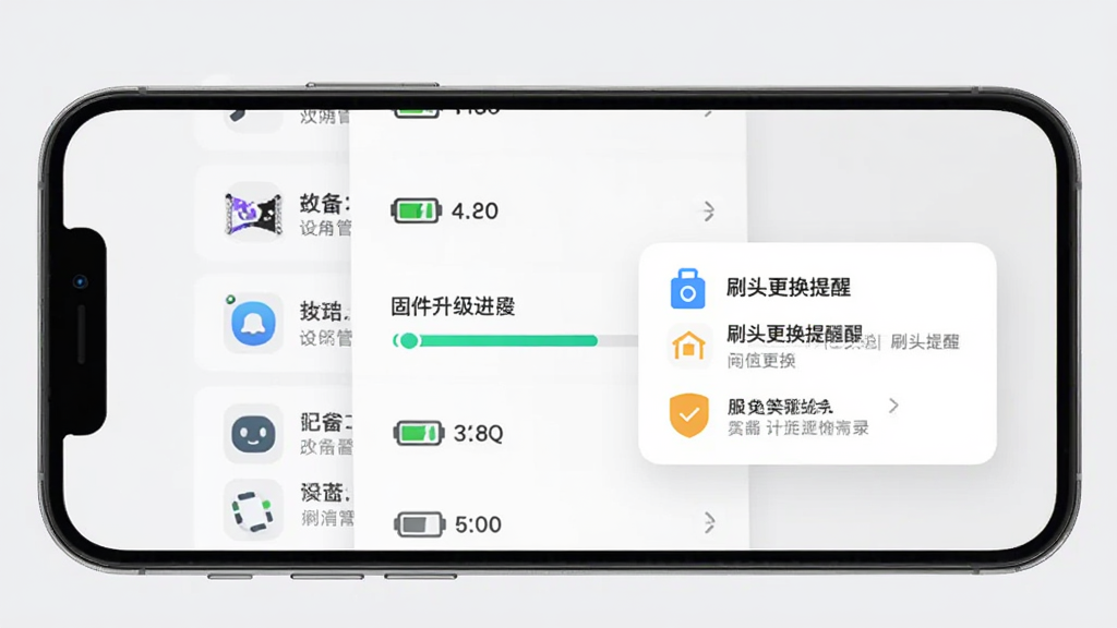 ����չʾЦ�ݼ�App���豸����ҳ�棬�ֻ���Ļ�����豸�б��͵���ͼ�꣬�Ա��й̼�������������ˢͷ�������ѵ���������Ϊ�ֻ����У�����Ϊ����ɫ�����Ϊ��๤�߷磬ϸ�ڰ���������ͼ������ֱ�ǩ�����ʸɾ����䣬�޶���Ԫ��