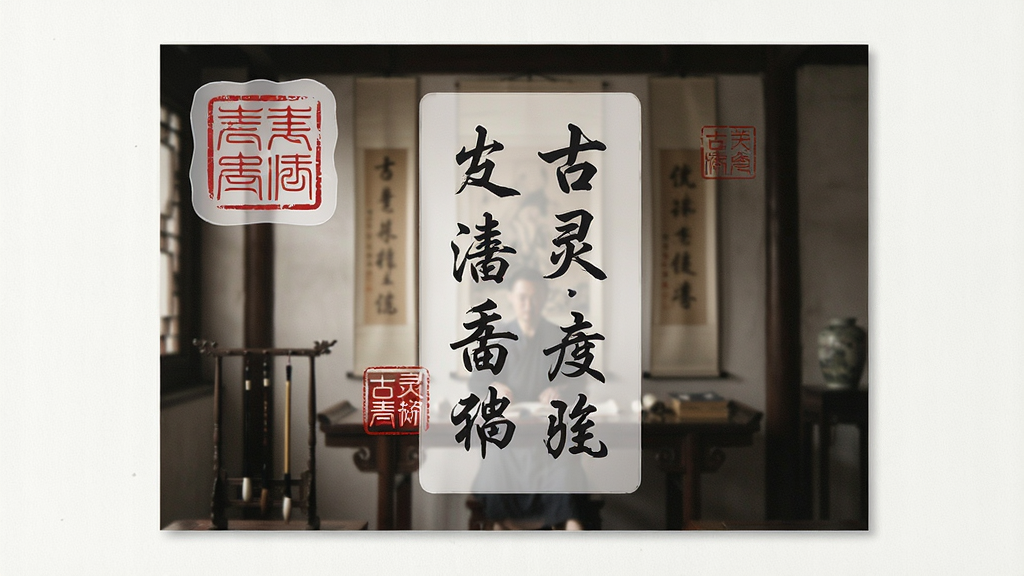 一张展示古灵相机贴纸与文字排版功能的示例图,画面中是一张已完成编辑的古风照片,照片上叠加了红色印章贴纸和竖排诗词文字,布局为居中展示,风格为古典雅致,细节包括贴纸的透明度和文字的字体的书法效果,画质高清,干净,无多余元素