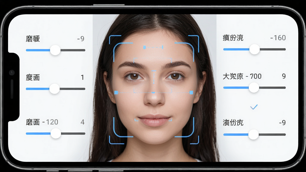 一张展示古灵相机美颜功能的界面截图,画面中是一位年轻女性的面部特写,屏幕周围分布着磨皮、瘦脸、大眼等调节滑块,布局为手机屏幕内嵌UI展示,风格为简洁科技风,细节包括面部识别框和参数数值,画质高清,干净,无多余元素