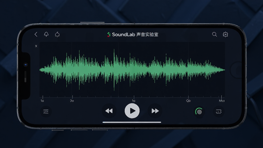 一张展示SoundLab 声音实验室波形录制与回放功能的生图,画面中手机横屏显示绿色的声音波形图,下方有播放控制按钮,背景是深蓝色调,布局简洁,风格专业,细节清晰,画质高清,干净,无多余元素