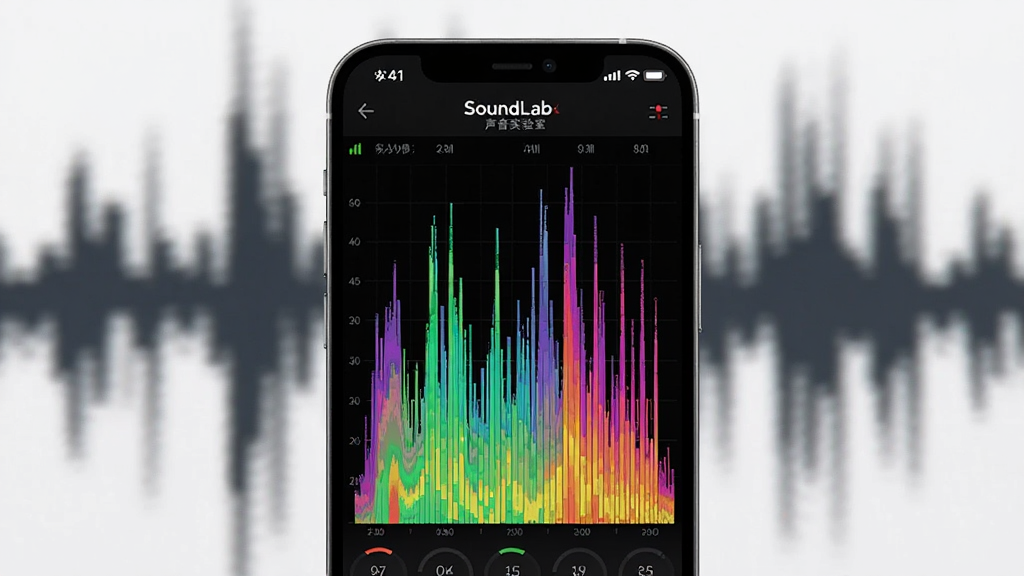 一张展示SoundLab 声音实验室实时频谱分析功能的AI生图,画面主体是一部手机屏幕显示绚丽的频谱柱状图,背景是模糊的声波纹理,布局居中,风格科技感十足,细节丰富,画质高清,干净,无多余元素