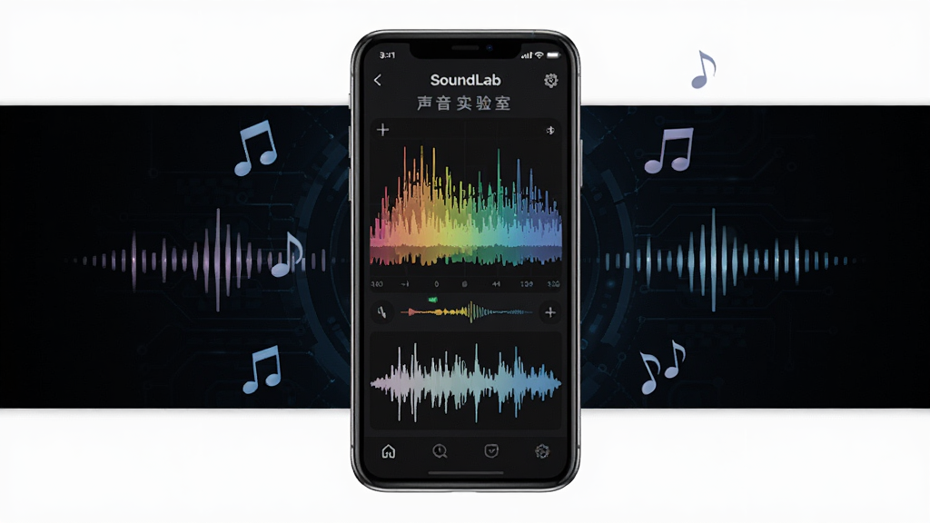 一张展示SoundLab 声音实验室手机应用界面的图片,画面中央是一部智能手机,屏幕显示彩色的声音频谱图和波形图,背景是深色科技风格,周围有音符和声波符号漂浮,风格现代简洁,画质清晰,干净,无多余元素