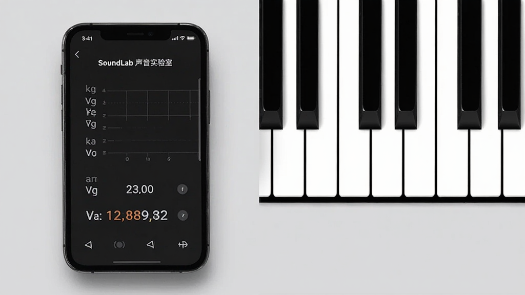 一张展示SoundLab 声音实验室频率与音高检测功能的生图,画面主体是手机屏幕显示音名和频率数值,旁边有钢琴键盘图案,背景是浅灰色,布局清晰,风格简约,细节精致,画质高清,干净,无多余元素