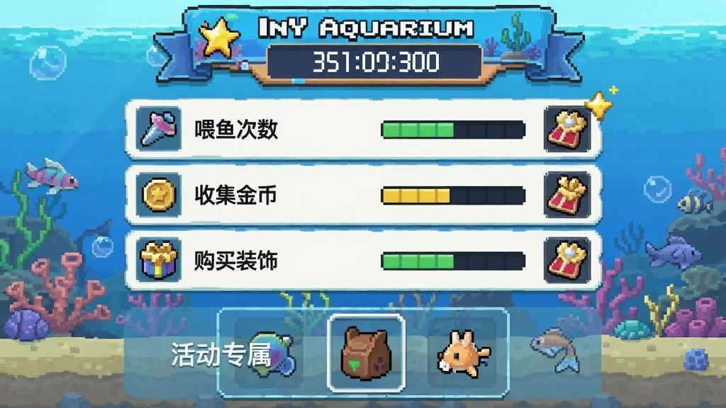 Tiny Aquarium ��ʱ�������棬����չʾһ����������Ļ��壬�Ϸ��л����ʱ���м��г�����������Ŀ������ι��������ռ���Һ͹���װ�Σ�ÿ�������Ҳ��н������뽱��ͼ�꣬�ײ��лר��װ����Ԥ��������Ϊ�ֻ���Ϸ�ҳ�棬���Ϊ�������ػ��磬ϸ�ڰ�����������˸�Ľ���ͼ�꣬���ʸɾ����޶���Ԫ��