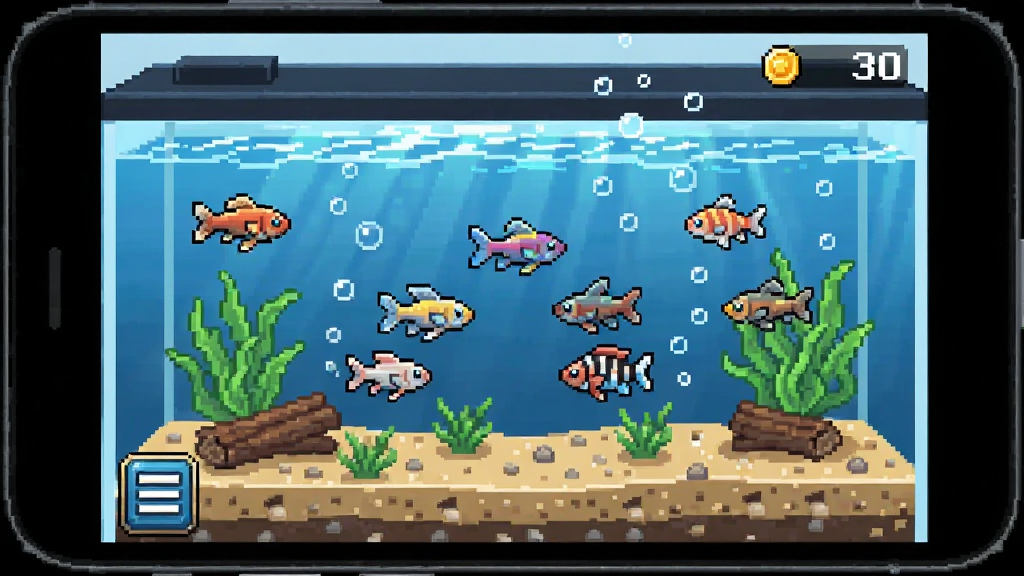 Tiny Aquarium ��׿�ֻ����л��棬չʾһ���еȹ�ģ��ˮ���䣬��������ʮ�����Ҳ�ͬ��������������ζ����ײ���ɳʯ��ˮ��װ�Σ����Ͻ���ʾ������������½��в˵���ť���ֻ����Ϊ��ɫ�߿����岼��Ϊ������Ϸ��ͼ�����Ϊ�������ػ��磬ϸ�ڰ���ˮ���Ӱ����������Ч�������ʸɾ����޶���Ԫ��