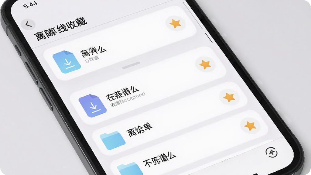 有谱么离线收藏与个人谱单界面展示,主体为手机屏幕中的列表与文件夹,布局纵向排列,排版简洁,风格为柔和圆角卡片设计,细节包含下载图标与星标收藏,画质清晰,干净,无多余元素
