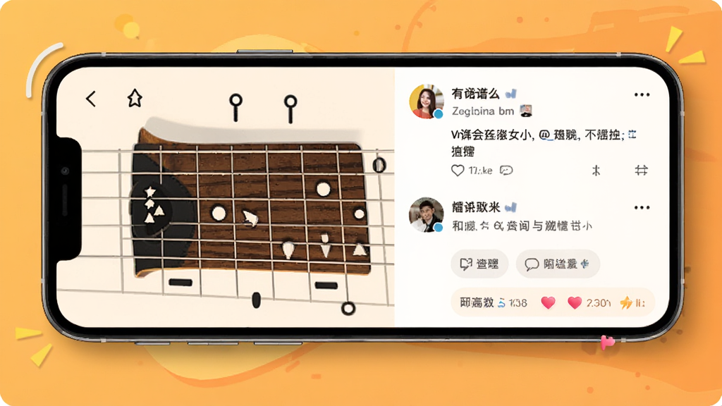 有谱么和弦指法查询与社区交流界面展示,主体为手机屏幕中的指法图与用户动态,布局上下结构,排版活泼,风格为暖色调社交风,细节包含吉他指板与点赞评论图标,画质高清,干净,无多余元素