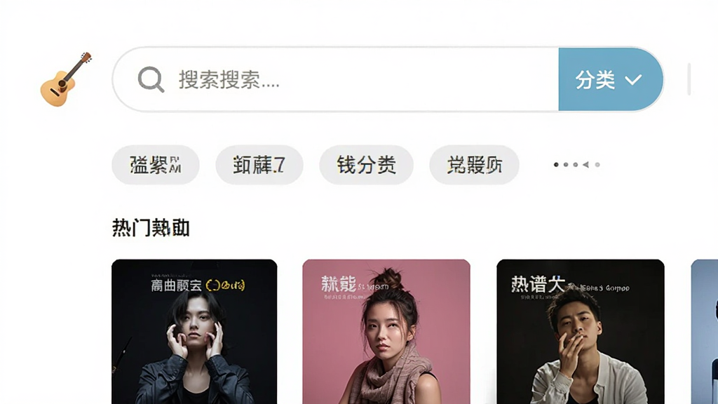 有谱么App曲谱搜索界面展示,主体为搜索框与分类标签,布局上下结构,排版整齐,风格为简约清新风,细节包含吉他图标与热门歌曲封面,画质清晰,干净,无多余元素