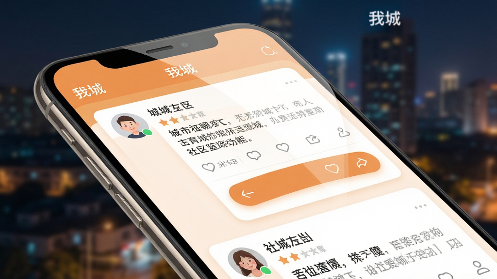 我城APP社区互动功能展示,画面为手机屏幕特写,显示我城应用的城市社区聊天界面,包含用户头像、帖子内容和互动按钮,布局为卡片式信息流,风格温暖亲切,细节上屏幕有轻微弧度反光,背景虚化为城市夜景,画质高清干净无多余元素,画面中带有“我城”字样