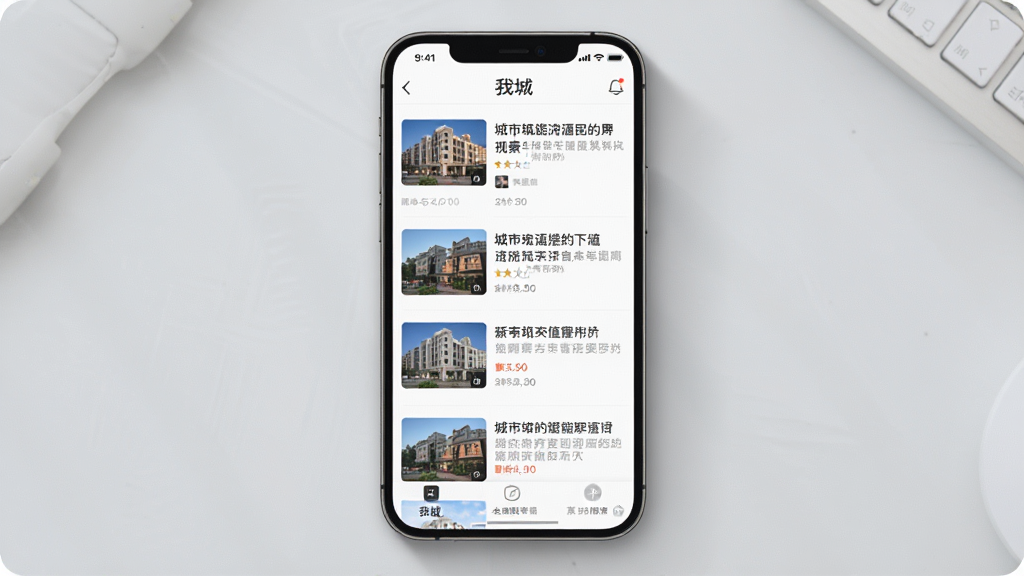 我城APP本地资讯页面展示,手机屏幕中显示我城应用的资讯列表界面,包含城市新闻标题和缩略图,界面布局为竖向列表排版,风格清新简约,细节上屏幕周围有柔和阴影,背景为浅灰色桌面,画质高清干净无多余元素,画面中带有“我城”字样