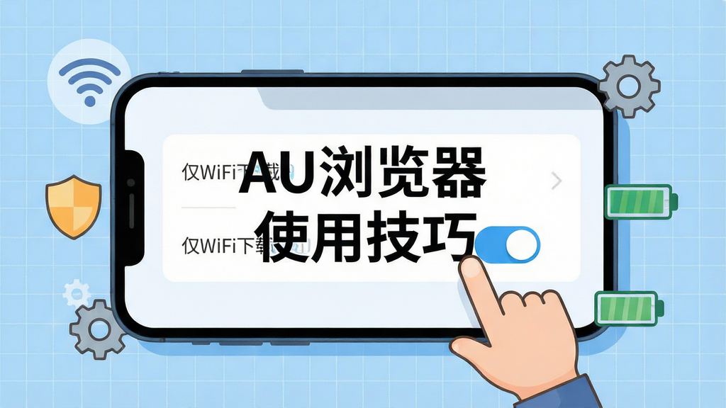 一张展示AU浏览器移动端使用技巧的插画,画面中一部手机横屏放置,屏幕显示浏览器设置界面,有WiFi图标、盾牌、齿轮、电池等元素环绕,旁边有一个卡通手指正在点击“仅WiFi下载”开关,背景为浅蓝色网格纹理,风格为扁平化教程插画,构图清晰,画面中央标注“AU浏览器 使用技巧”,干净整洁,4K高清画质