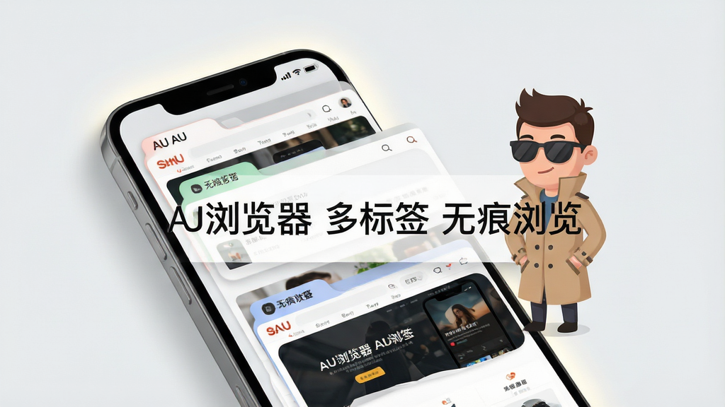 一张展示AU浏览器多标签与无痕浏览功能的界面示意图,画面中一部手机屏幕内层叠排列着多个网页标签卡片,卡片上有不同的网站缩略图,旁边有一个带墨镜和风衣的卡通小人象征无痕模式,背景为浅灰色极简风格,手机周围有轻微的阴影和光晕,画面中央用简洁字体标注“AU浏览器 多标签 无痕浏览”,整体排版清晰,4K高清画质