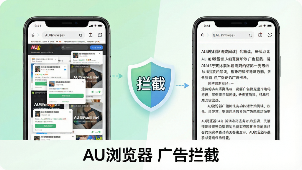一张表现AU浏览器广告拦截与清爽阅读的对比插画,画面左侧是一部手机显示杂乱网页布满弹窗广告,右侧是同一部手机开启AU浏览器后页面变得干净整洁只剩正文文字,中间有一个盾牌图标和“拦截”字样,背景为浅绿色与白色渐变,风格简约清新,构图左右对比鲜明,画面下方标注“AU浏览器 广告拦截”,4K高清画质