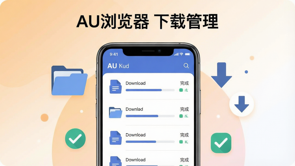 一张展示AU浏览器下载管理功能的场景图,画面中央是一部手机,屏幕上显示下载管理界面,列表中有多个文件条目带有进度条和完成状态,旁边漂浮着文件夹、向下箭头、勾选图标,背景为浅橙色到白色的柔和渐变,风格为扁平化UI插画,构图居中,画面顶部标注“AU浏览器 下载管理”,干净整洁,4K高清画质
