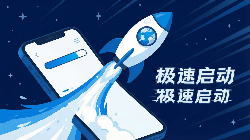 一张表现AU浏览器极速启动的创意插画,画面主体是一枚带有浏览器地球图标的火箭从手机屏幕中腾空而起,火箭尾部拖着蓝白色光带,手机屏幕显示加载进度条瞬间拉满,背景是深蓝色星空与速度线条,风格为扁平化科技插画,构图动感十足,画面中央醒目位置写着“AU浏览器 极速启动”,色彩以蓝白为主,干净利落,4K高清画质