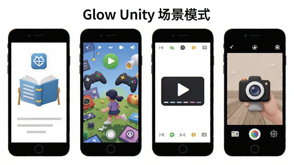 һ��չʾ Glow Unity �ೡ������ģʽ��ʾ��ͼ����������Ϊ�Ĳ��ֻ�������ʾ���ֱ�����Ķ�����Ϸ����Ƶ����Ӱ����ģʽ������Ϊ�������У����Ϊ��ƽ���廭��ϸ�ڰ���ÿ��ģʽ��Ӧ��ͼ����ɫ�����⣬���������ɾ����޶���Ԫ�أ�ͼƬ������Ϊ 