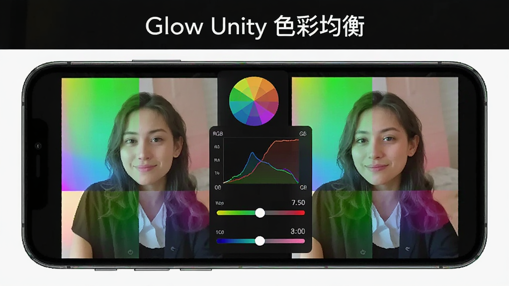 һ��չʾ Glow Unity ʵʱɫ�ʾ��⹦�ܵ�ʾ��ͼ����������Ϊһ���ֻ���Ļ����Ļ����ʾɫ�ʲ���ͼ���ɫ���飬����Ϊ�����ʾԭͼ���Ҳ���ʾ�Ż����ͼ�񣬷��Ϊ��Լרҵ��ϸ�ڰ���ɫ��ͼ�ꡢRGB ���ߡ��Աȶ���ֵ�����������ɾ����޶���Ԫ�أ�ͼƬ������Ϊ 