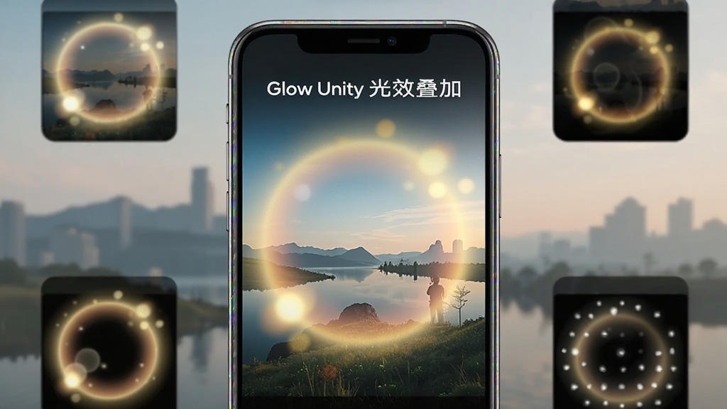 һ��չʾ Glow Unity ���ܹ�Ч���ӹ��ܵ�ʾ��ͼ����������Ϊһ�������ֻ�����Ļ����ʾһ�ŷ羰��Ƭ����Ƭ�ϵ�������͵�ůɫ��������Ч��������Ϊ�ֻ����У���Χ�����Ų�ͬ��Ч��������ͼͼ�꣬���Ϊ����������ϸ�ڰ������εĽ�����ɡ���Ļ��Ե��΢�ⷴ�䣬���������ɾ����޶���Ԫ�أ�ͼƬ������Ϊ 