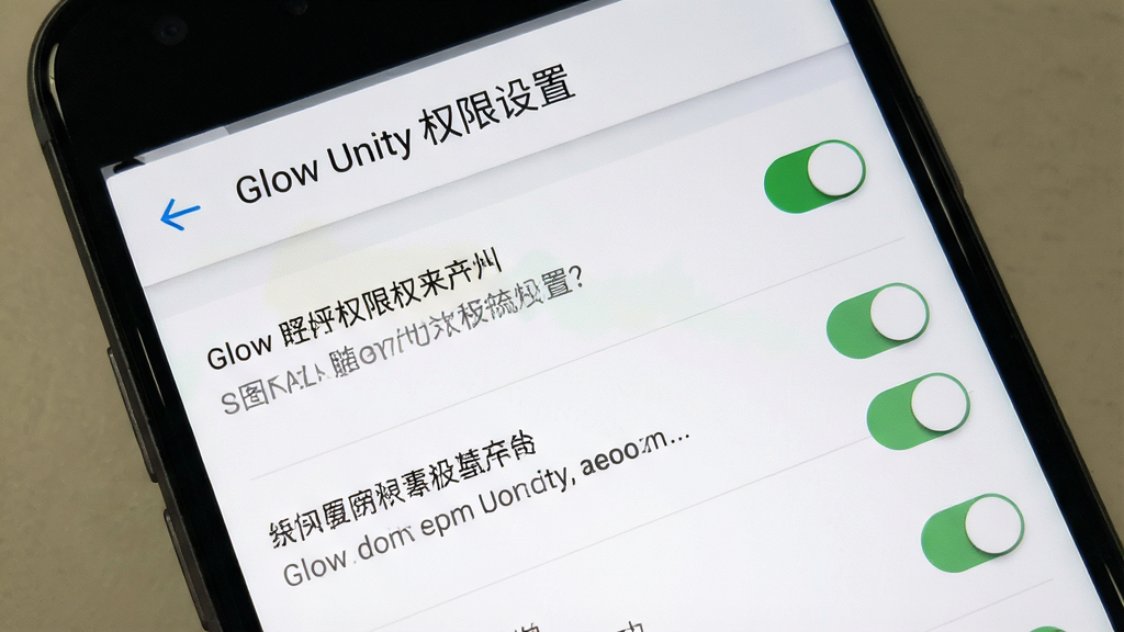 һ��չʾ Glow Unity ���ֻ�������ʱ��Ȩ�����ý����ͼ����������Ϊ�ֻ���Ļ����Ļ����ʾӦ��Ȩ�޹���ҳ�棬����Ϊ�б�ʽ���У����Ϊϵͳԭ�� UI��ϸ�ڰ���Ȩ�޿��ء���ʾ���֡����ذ�ť�����������ɾ����޶���Ԫ�أ�ͼƬ������Ϊ 