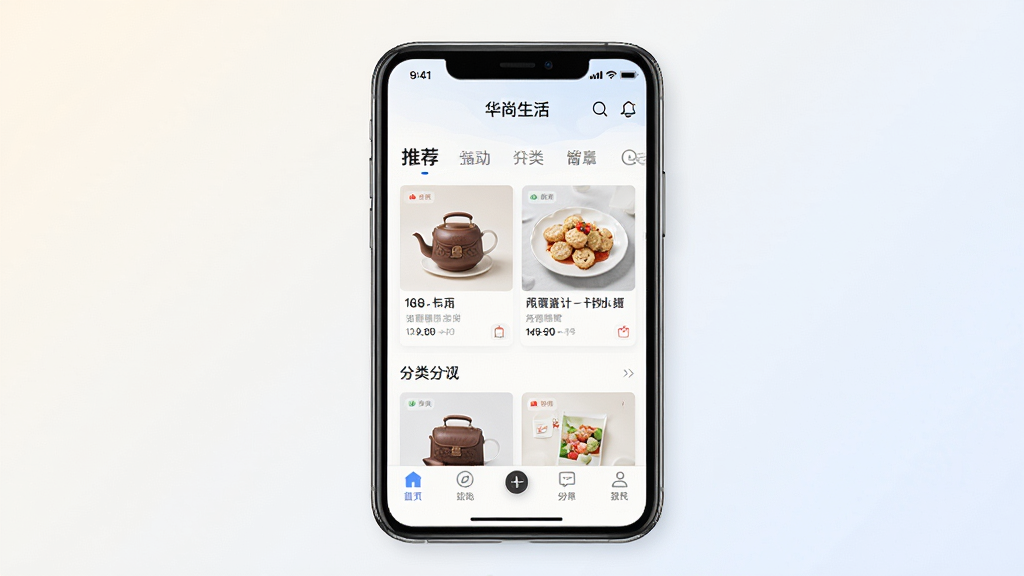 ��������APP������չʾ������������һ�������ֻ�����Ļ��ʾ��������Ӧ����ҳ��������Ʒ�Ƽ������ർ���͵ײ��˵���������Ϊǳɫ���䣬������ִ���ϸ�����������ʸ��壬�ɾ��޶���Ԫ��