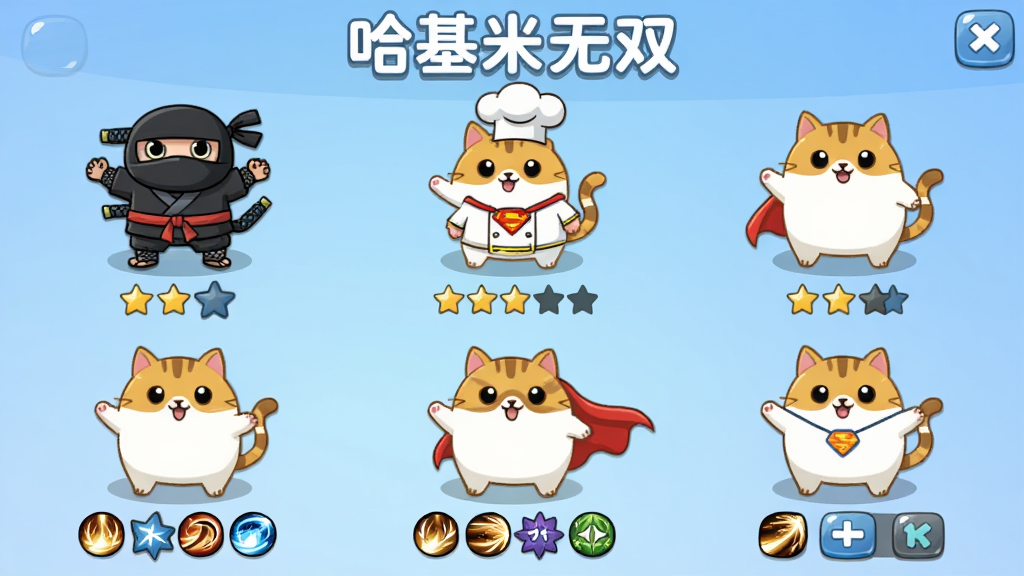 ����չʾһ����ɫѡ����棬��Ļ����������ֻ��ͬװ��Ĺ�����è�䣬�д������߷��ġ����ų�ʦñ�ġ����ų��˶���ģ�ÿ����ɫ�·����Ǽ��ͼ���ͼ�꣬���汳������͵Ľ�����ɫ�������ð�ɫԲ������д�š���������˫��������Ϊ�������е����񣬷��Ϊ��ƽ����ͨUI��ϸ�ڰ�����ɫ��������̬�ͽ��水ť�Ĺ��󣬻��ʸɾ��������޶���װ�Ρ�