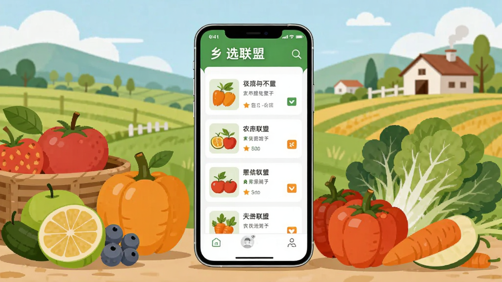 乡选联盟APP界面展示,画面中央一部手机,屏幕显示农产品列表,周围有新鲜水果和蔬菜,背景为乡村田野,扁平插画风格,色彩清新,细节干净,画质高清,无多余元素。