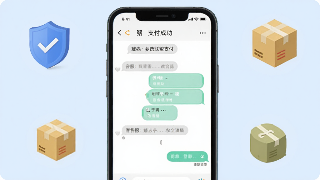 乡选联盟支付与售后页面,手机屏幕显示支付成功和客服对话界面,周围有盾牌和包裹图标,背景为浅蓝色,简约风格,色彩清爽,画质高清,无多余文字。
