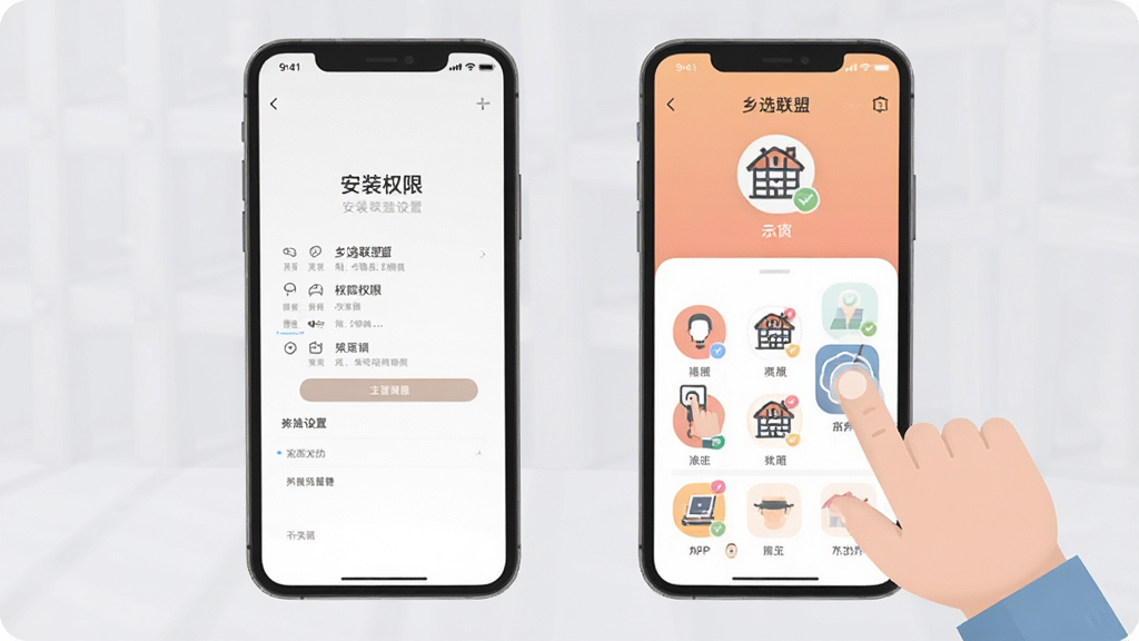 乡选联盟新手操作示意图,手机屏幕显示安装权限设置和APP主界面,旁边有手指点击图标,背景为浅灰色,扁平化风格,色彩柔和,细节清晰,画质干净,无多余文字。