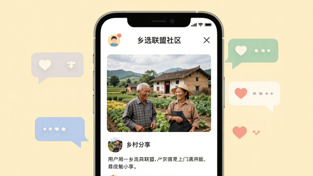 乡选联盟社区界面,手机屏幕展示用户分享的乡村照片和文字,周围有对话气泡和爱心图标,背景为淡黄色,扁平设计,色彩柔和,细节清晰,画质干净,无多余元素。