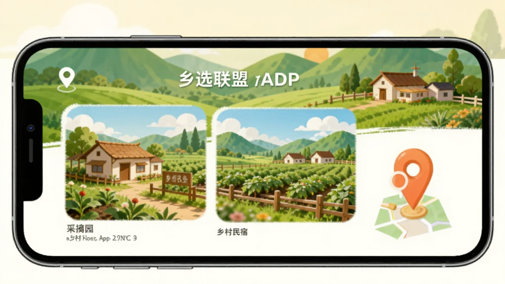 乡选联盟APP文旅页面,手机屏幕显示乡村民宿和采摘园图片,旁边有地图定位图标,背景为绿色山丘和农舍,插画风格,色彩温暖,画面整洁,高清画质,无多余文字。