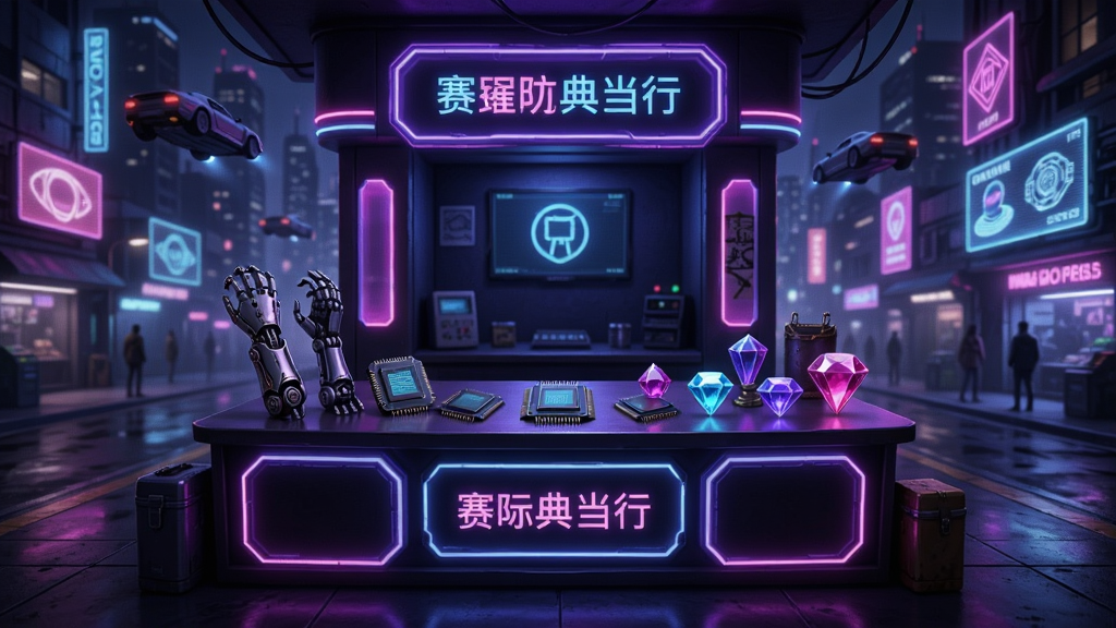 赛博典当行游戏主界面全景展示,画面中央是霓虹灯装饰的典当行柜台,柜台上摆放着各种赛博朋克风格的物品如机械义肢、数据芯片、发光宝石等,背景是未来都市的夜景街道,有飞行汽车和全息广告牌,整体风格为赛博朋克,色彩以紫蓝粉霓虹色为主,细节丰富,画质高清,干净无多余元素