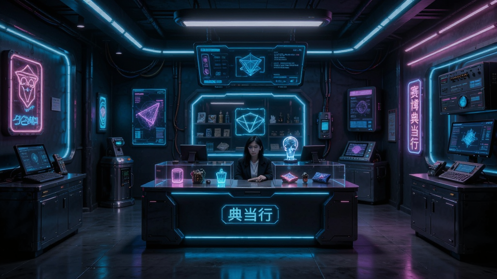 赛博典当行店铺升级界面,画面展示一个赛博朋克风格的典当行内部装修效果图,有各种高科技设备和霓虹灯装饰,展示柜台中摆放着发光物品,整体风格未来感强烈,色彩以青蓝色和粉紫色为主,画质高清,布局整洁