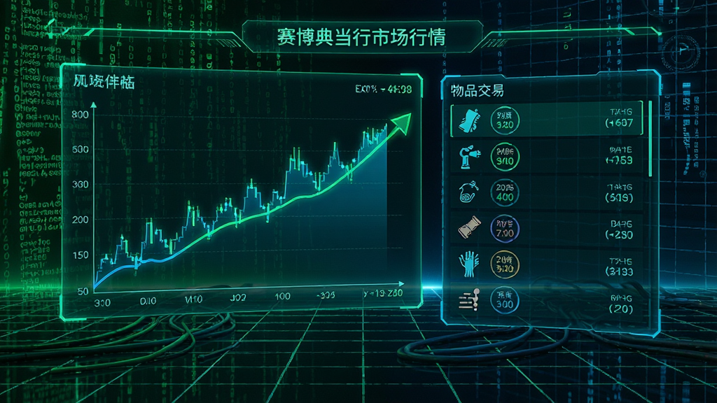 赛博典当行市场行情界面,画面展示一个全息投影的价格走势图和物品交易列表,背景是赛博朋克风格的数据流和网格,整体色调为绿色和蓝色,科技感强烈,画面干净,画质高清