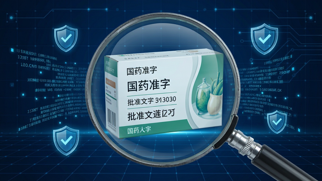 画面展示一个巨大的放大镜,聚焦在一张虚拟的药品包装盒上,包装盒上显示出“国药准字”等批准文号信息。放大镜周围漂浮着数据流和盾牌图标,象征安全与权威。背景为深蓝色科技网格,风格严谨专业。画质清晰,文字锐利,排版居中,无多余装饰元素。