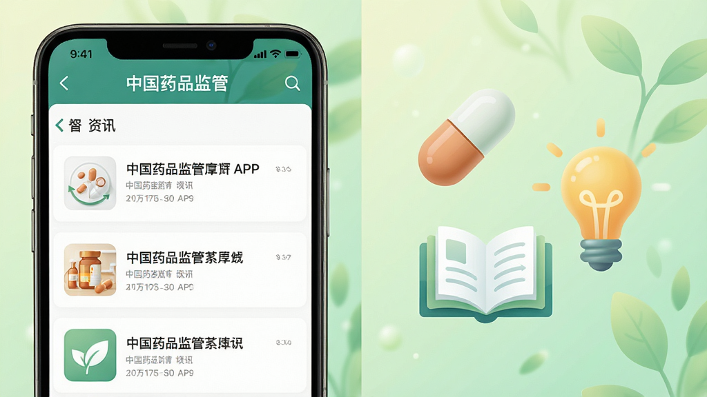 画面分为左右两部分,左侧是“中国药品监管”APP的资讯列表界面截图,右侧是抽象的科普知识图标,如药丸、书本、灯泡。背景为柔和的浅绿色渐变,风格清新自然,排版错落有致,画质高清,画面干净整洁。