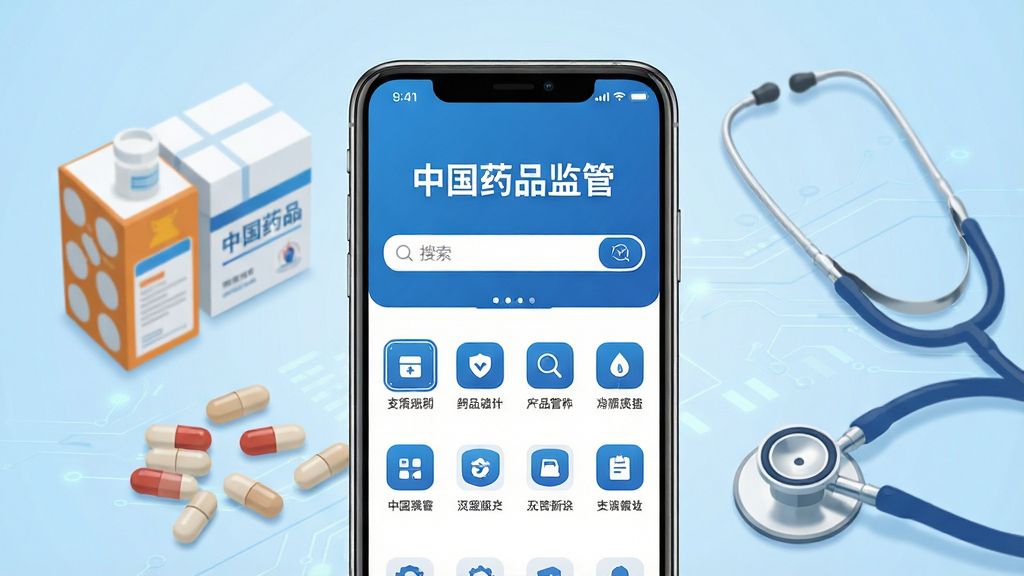 画面中央是一台智能手机,手机屏幕上清晰展示着“中国药品监管”APP的首页界面,界面中包含搜索框和功能图标。手机周围环绕着药盒、胶囊、听诊器等医疗元素。背景是干净的浅蓝色渐变,带有细微的科技线条纹理。整体风格为现代扁平化设计,排版简洁大气,色彩以蓝白为主,强调官方与专业感。画质高清,细节锐利,画面干净无多余元素,适合作为软件下载页面的预览图。