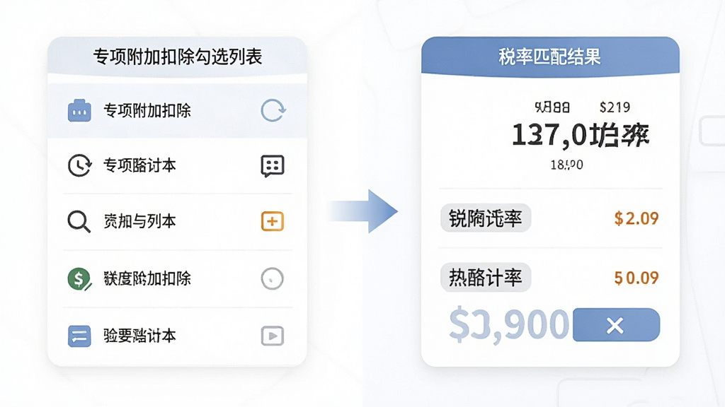 个税管家电子计算器功能展示图,画面分为左右两部分,左侧展示专项附加扣除勾选列表,右侧展示税率匹配结果卡片,中间用箭头连接,背景为白色,布局对称,风格为商务简约,细节包括各类扣除项目的小图标和税率数字,画质清晰,干净,无多余元素