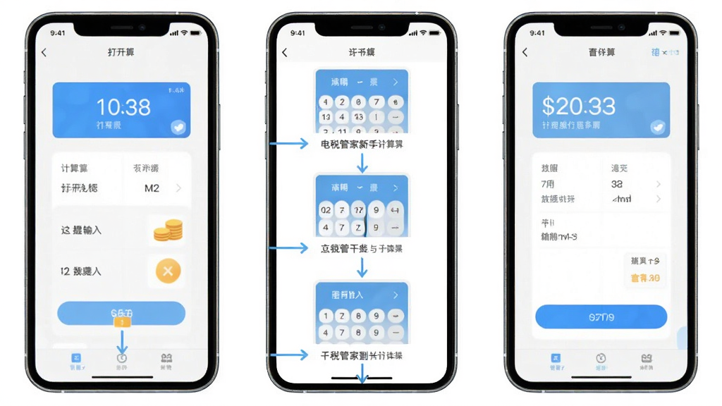 个税管家电子计算器新手操作流程图,画面以手机屏幕为载体,分步骤展示从打开软件到输入数据再到查看结果的完整流程,背景为白色,布局为纵向时间轴样式,风格为清新简约,细节包括每一步的界面小图和箭头指引,画质高清,干净,无多余元素