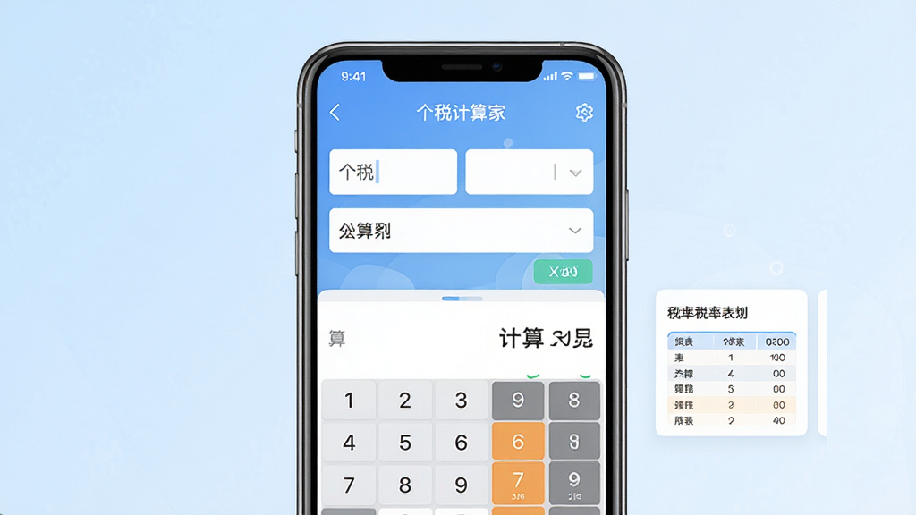 一张展示个税管家电子计算器软件界面的手机应用展示图,画面中央是一部现代智能手机,屏幕显示个税计算器主界面,包含输入框和计算结果区域,背景为干净的浅蓝色渐变,布局简洁居中,风格为扁平化科技风,细节包括数字键盘图标和税率表小卡片,画质高清,干净,无多余元素