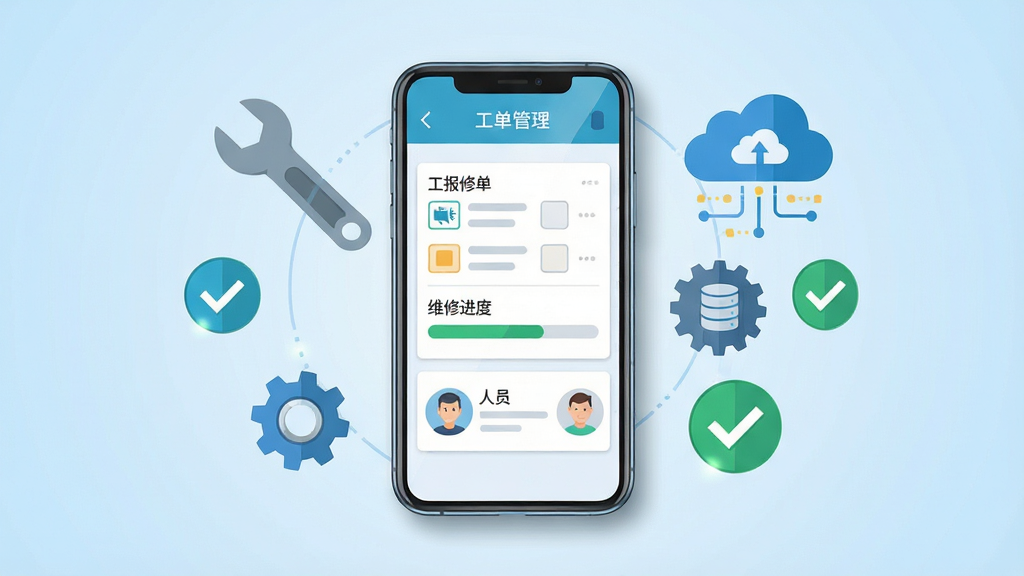 一张展示的修软件核心功能的场景图,画面中央是一部智能手机,屏幕显示工单管理界面,包含报修单列表、维修进度条和人员头像,手机周围环绕着扳手、齿轮、对勾图标和云端数据符号,布局采用中心聚焦式排版,风格为扁平化科技插画,细节上手机边缘有轻微阴影和反光,背景为淡蓝色渐变,画质清晰干净,无多余元素