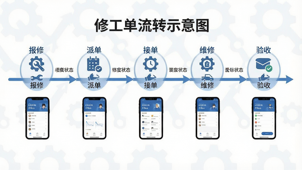 一张展示的修工单流转的示意图,画面主体是一条从左到右的流程线,依次为报修、派单、接单、维修、验收五个节点,每个节点配有对应的图标和手机界面缩略图,布局为横向时间轴式排版,风格为简约商务信息图,细节上节点之间有箭头连接并标注状态文字,背景为纯白色,画质清晰干净,无多余元素