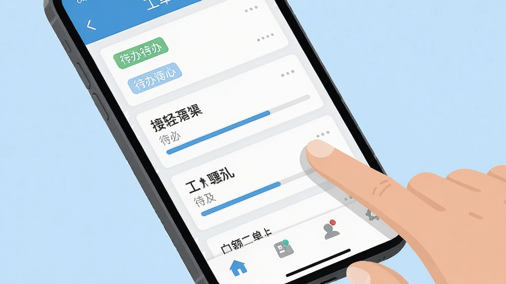 一张展示的修移动端操作界面的场景图,画面主体是一部手机,屏幕显示工单列表和底部导航栏,旁边有手指点击屏幕的示意,布局为手机特写式排版,风格为扁平化UI展示,细节上屏幕内有待办标签和进度条,背景为浅蓝色,画质清晰干净,无多余元素